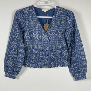 Anthropologie Forever That Girl Embroidered Smocked Waist Top Small Blue New
